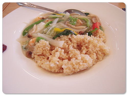 rice dressed with a sticky seafood sauce