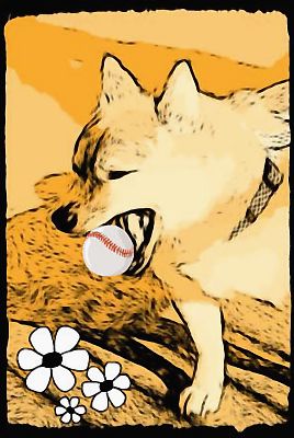 口に ボールを くわえさせ 花も入れました