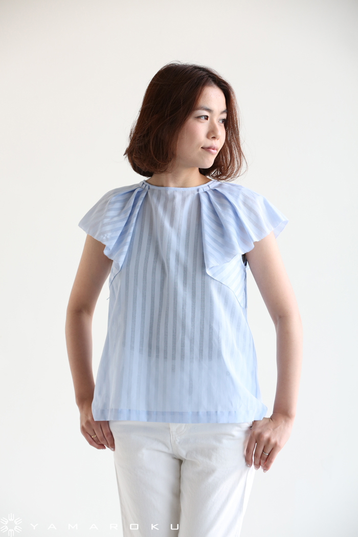 SACRA（サクラ）SHADOW STRIPE 袖フリルブラウス、UNEVENNESS TWILL  