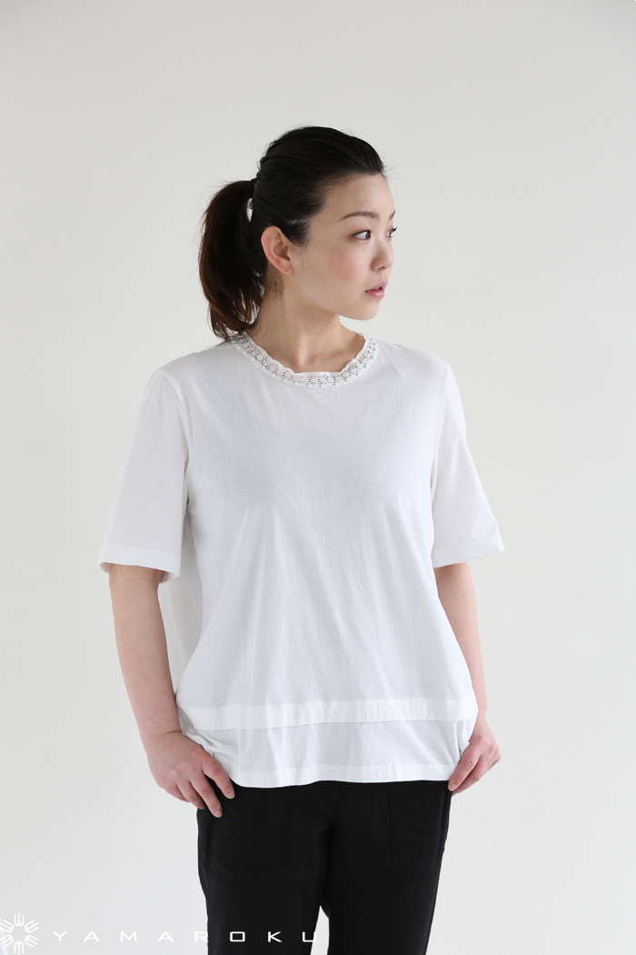 ミュベール　レース襟Tシャツ MUVEIL（ミュベール）レース付きドッキングTシャツ | YAMAROKU