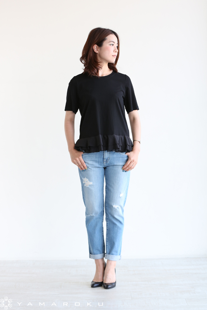 MUVEIL 16SS エステルローン ドッキングTシャツ 黒  ミュベール MUVEIL(ミュベール) エステルローンドッキングTシャツ！！ | YAMAROKU