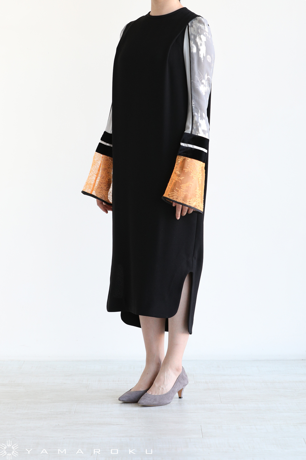 mame SILK LAME SLEEVES DRESS - BLACK