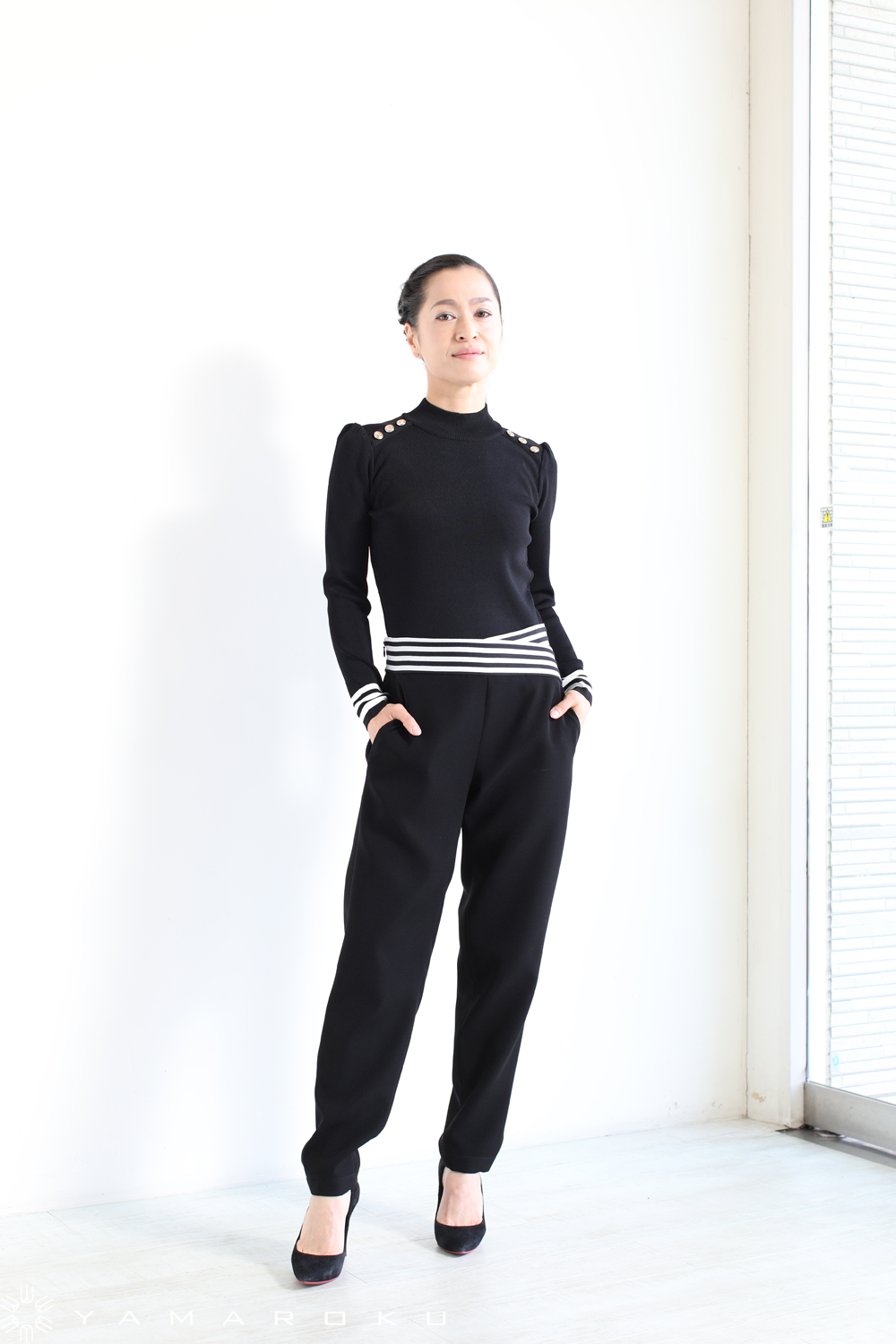 ボーダーズアットバルコニー ゴールドボタン レーヨンニットトップ　ブラック HARUKA DESIGN】ゴールドボタンカーディガン｜トップス 長袖