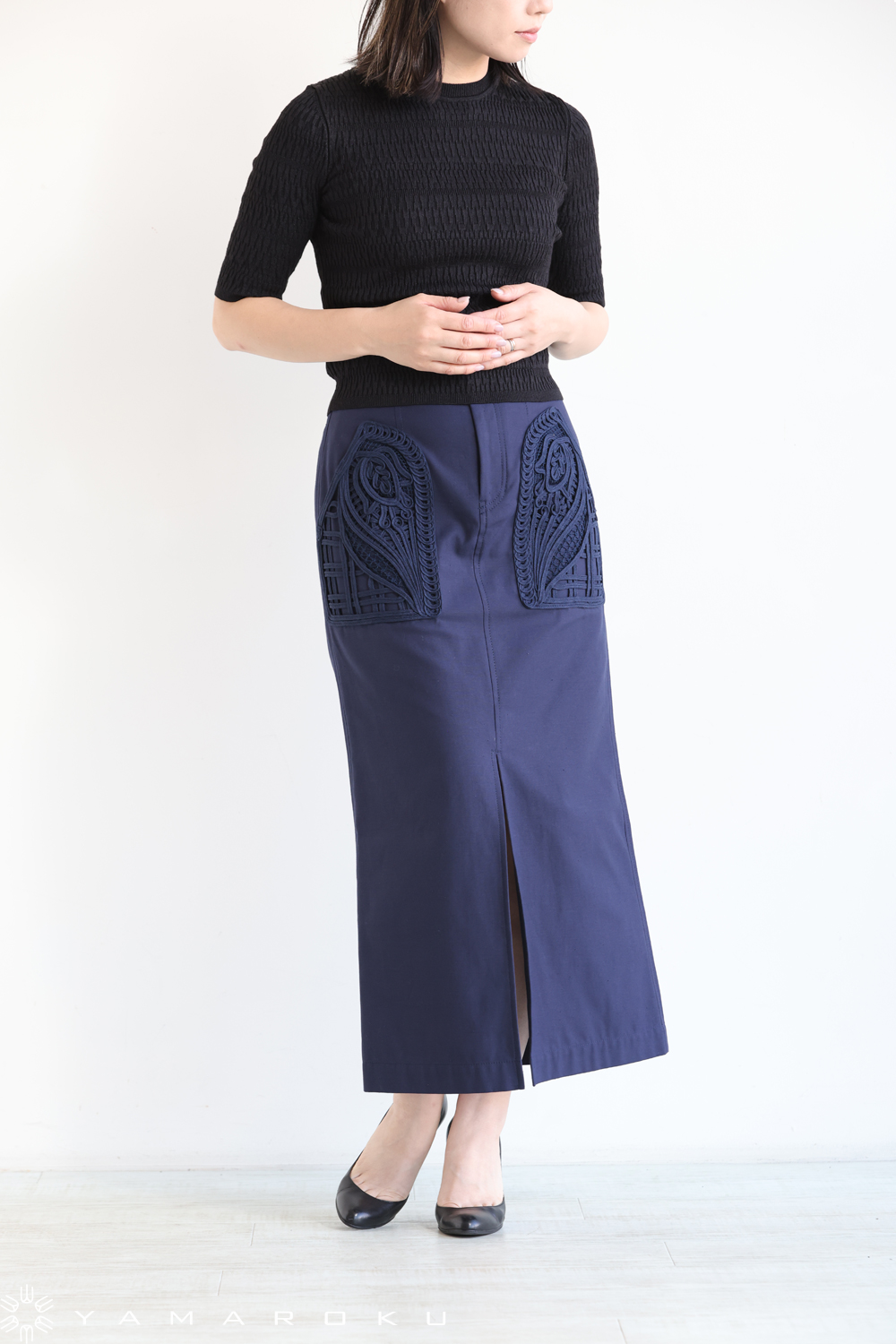 マメクロゴウチ コード刺繍 ラップスカート