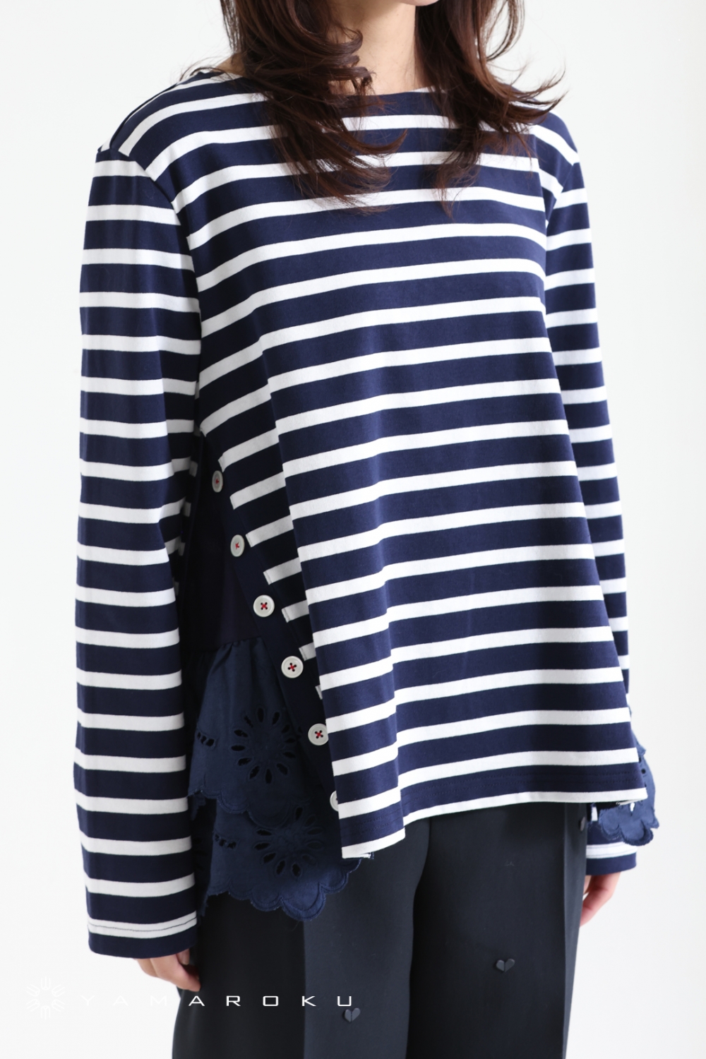 MUVEIL ミュベール サイドボタン レースボーダーカットソー M【極美品】 MUVEIL（ミュベール） | YAMAROKU New Arrival