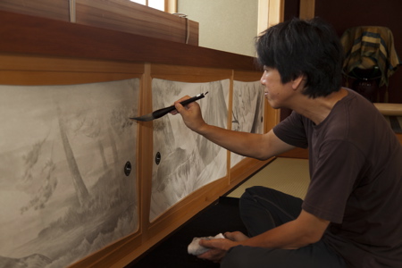 繁久寺襖絵 制作風景