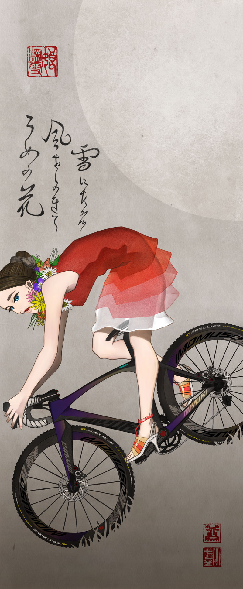 月にフェンディを着た女性とシクロクロスバイク
