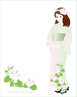 庭の朝顔模様のユカタ、素敵でしょう〜(o^.^o)v