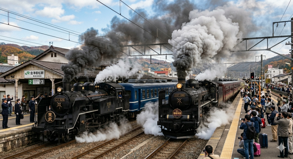 東武C11-325 会津若松入線！いつかC57-180との並走同時発車を夢見て