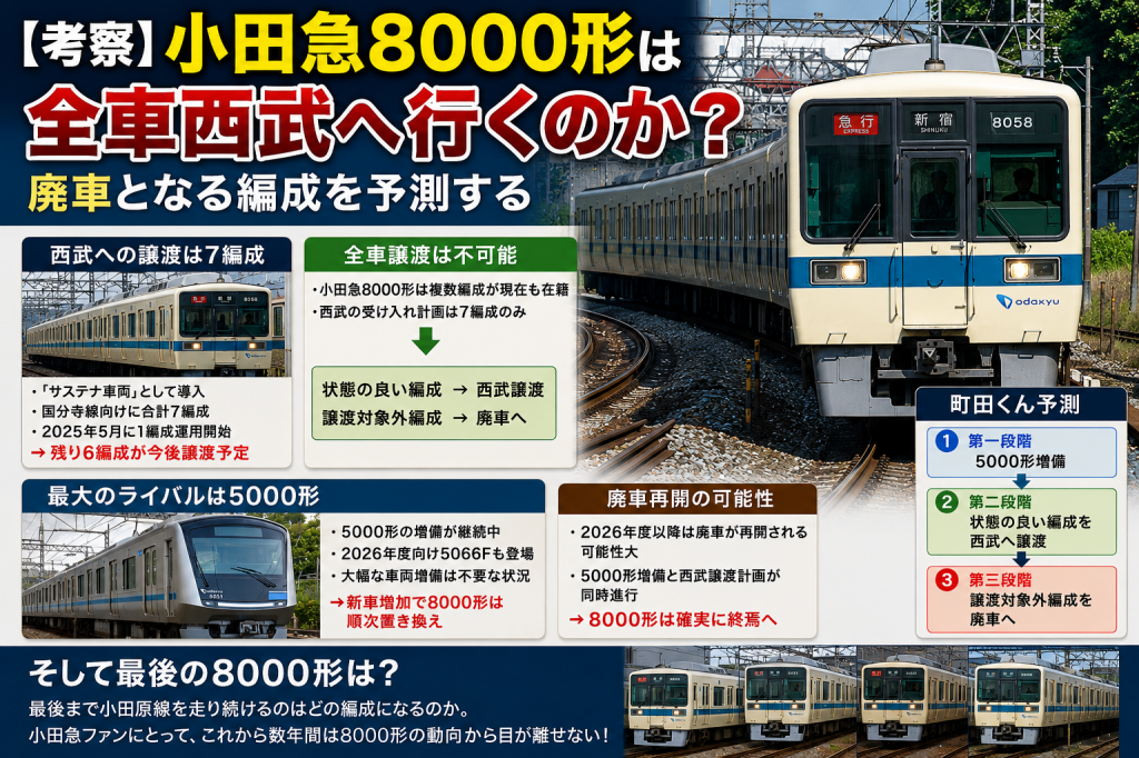 最終値下げ！小田急8000形西武譲渡再現編成セット 考察】小田急8000形は全車西武へ行くのか？ 廃車となる編成を予測する