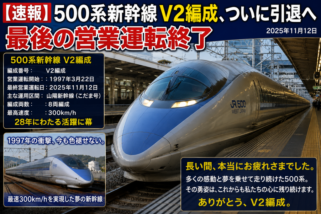 速報】500系新幹線V2編成、ついに引退へ 最後の営業運転終了 | 鉄道に
