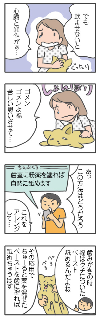 犬 薬 飲まない クスリ のませ方 飲ませかた 胸水 てんかん プレドニン ステロイド 発作 フェノバール ダイアップ 癌 ガン 分子標的薬 抗がん剤 治療 老犬 心臓 保護犬 チワワ イラスト 絵 まんが 漫画 マンガ