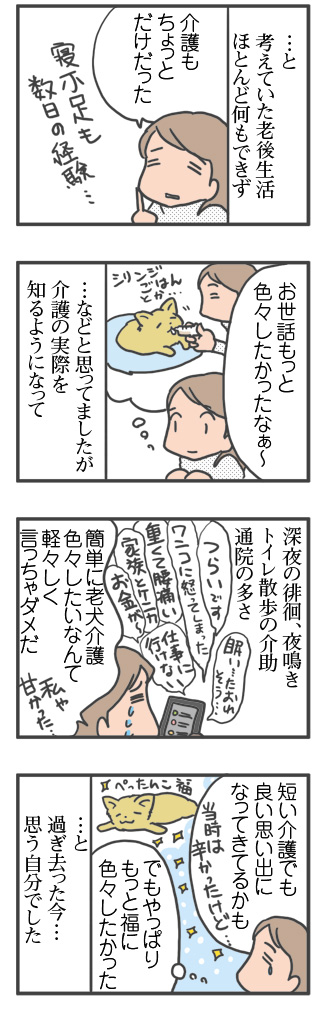 犬 老後 カート 憧 想 老犬介護 介護 生活 大変 虹 天国 胸水 ステロイド 発作 癌 ガン 分子標的薬 抗がん剤 老犬 心臓 保護犬 チワワ イラスト 絵 まんが 漫画 マンガ