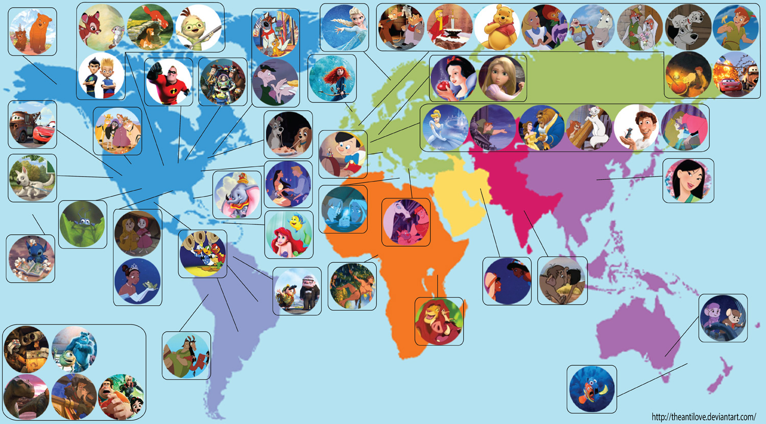 ディズニーキャラクターの住む場所が一目で分かる世界地図が話題に ディズニー裏話 雑学 トリビアが2 000話以上 ディズニーブログ じゃみログ