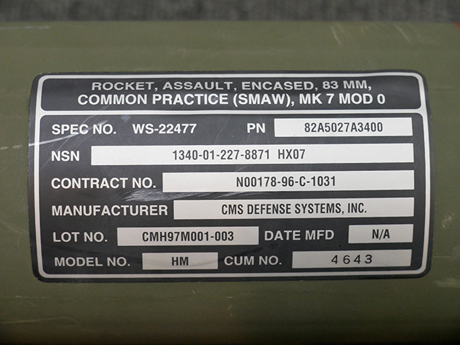 東京)米軍 MK7 mod0　SMAW　ロケット弾コンテナ 使用済み 米軍実物 83mm SMAW MK4 ロケットランチャー コンテナ 火薬もロケット