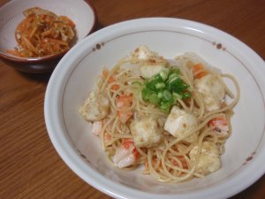 豆腐と海老のパスタ