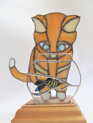 ステンドグラス 猫と金魚鉢 Hさん ステンドグラス教室 生徒さん作品