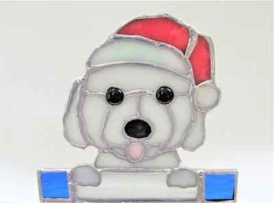 犬の ステンドグラス フォトフレーム サンタ帽のマルチーズ オーダー