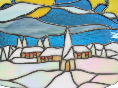 ステンドグラス 星空と雪の風景パネル Tさん ステンドグラス教室生徒