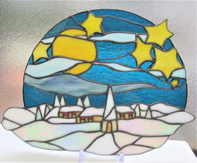ステンドグラス 星空と雪の風景パネル Tさん ステンドグラス教室 ステンドグラス 星空と雪の風景パネル Tさん ステンドグラス教室