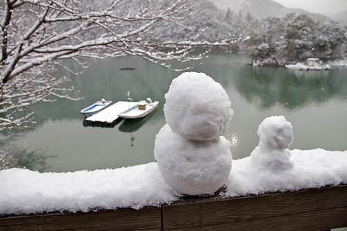 雪だるまと二津野湖