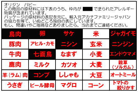 オリジンパピーのアレルギー物質表