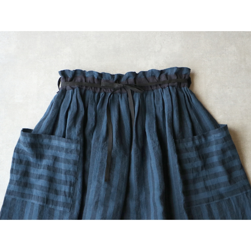 ✨美品✨マガリ ストライプリネン ファーマースカート ウエストリボン