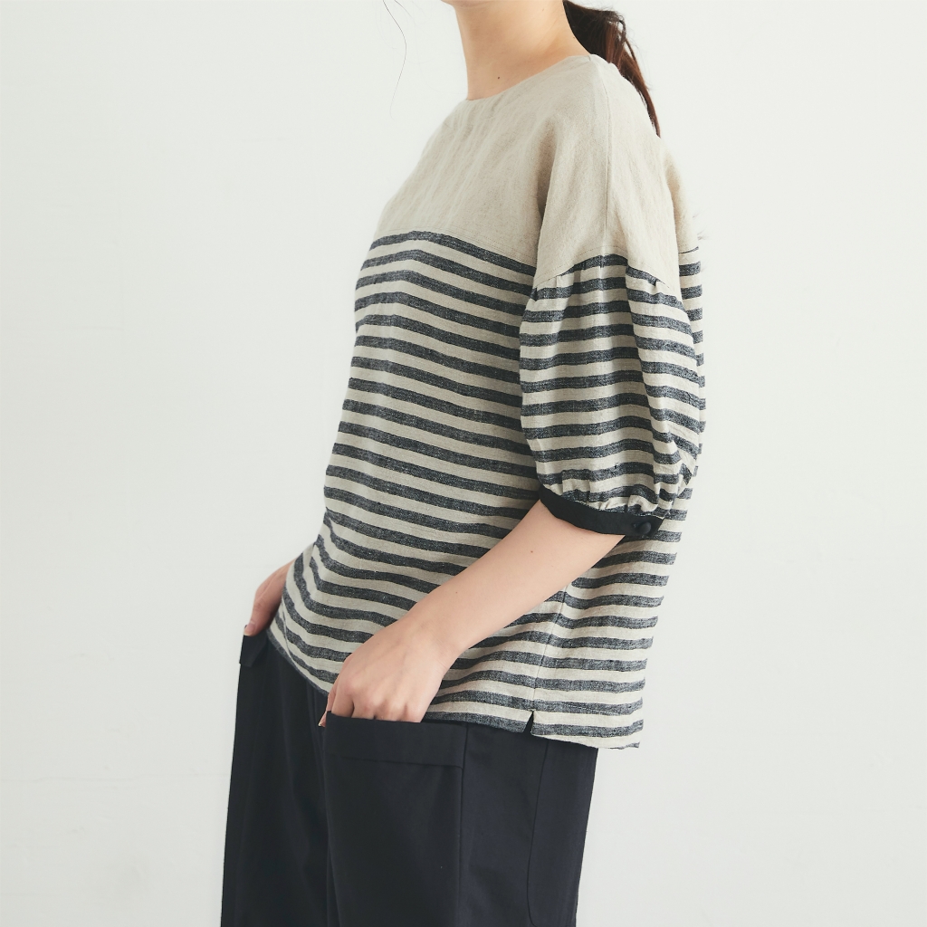 【美品】マガリMAGALIボーダーリネンギャザースリーブプルオーバー MAGALIボーダーリネン・ギャザースリーブ・プルオーバー | shironeko