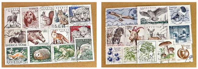 スウェーデン Vintage 切手、Sweden、ビンテージ、古切手、ヴィンテージ、リス、クマ、イタチ、ハリネズミ、キツネ、きのこ、キノコ、ヤギ、馬、シカ、ふくろう