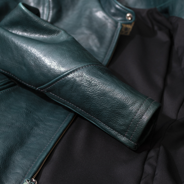 マッシュマンズ レザーライダースジャケット 40 緑系 バダラッシ オルテンシア MUSHMANS Leather Single Stand Collar Riders Jacket【WIRED-χ