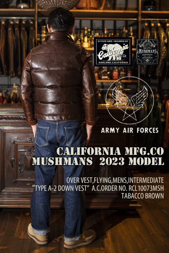 California MFG Co. ダウンベストLレザーUSAカリフォルニア MUSHMANS×Rainbow Country(California Mfg.Co)2023-24 別注