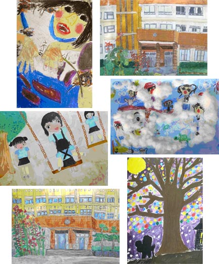いもほり体験、校舎、お話などを題材にした子供たちの作品