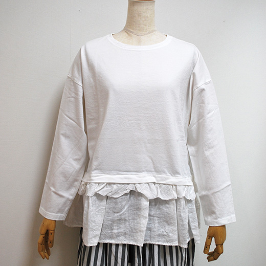 tumugu:ツムグ コーマ天竺×リネンキャンバス 裾フリルプルオーバー
