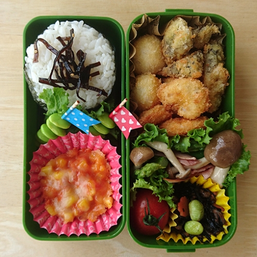 高校生弁当 うずらの卵、エビ、エリンギの唐揚げ