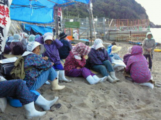 田ノ浦海岸に座る島の女性たち