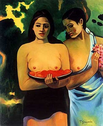 タヒチの二人の女性とマンゴーの花