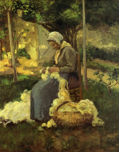 羊毛をつむぐ農婦