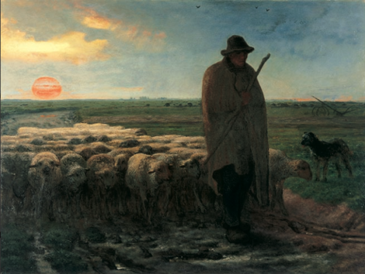 夕暮れに羊を連れ帰る羊飼い