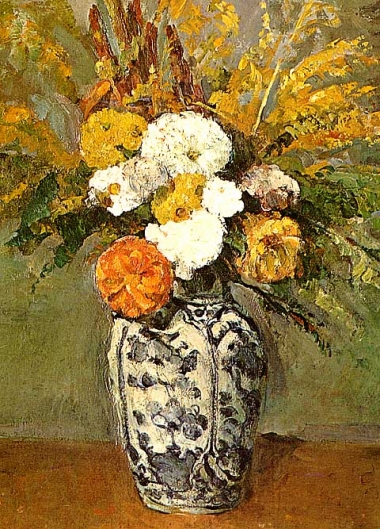 油絵作品　ダリア風の花を描いた温かみのある静物画　額装付き セザンヌはデルフト焼きの花瓶がお気に入り♪ | アート名画館