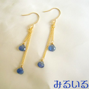 瑠璃紺マロンサファイア(ダブル)ゴールドピアス(K14 Gold filled)|手作りアクセサリー工房みるいる