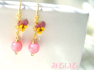 パンジー&ピンククォーツピアス(イヤリング)|手作りアクセサリー工房みるいる