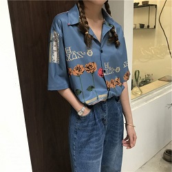 古着 画像 レトロシャツ ブルー系 花柄 レトロガール Mサイズ レディース 美品