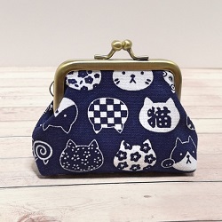 財布 画像 がま口 和柄 ネイビー 猫 新品