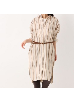 古着 画像 シャツワンピース ストライプ ベージュ グローバルワーク フリーサイズ レディース 美品