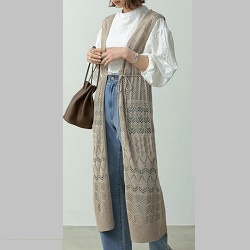 古着 画像 かぎ編みロングベスト カーキ色 Re:EDIT フリーサイズ レディース 美品