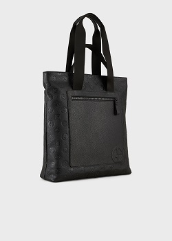 ブランド品 画像 ジョルジオアルマーニ ブラック ロゴレザーショッパー
