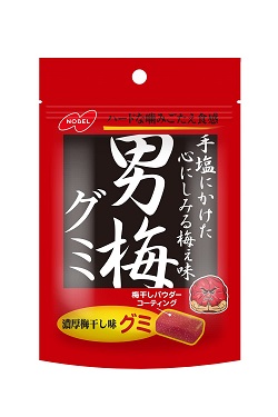 お菓子 画像 男梅グミ 濃厚梅干し味 梅干しパウダーコーティング 手塩に掛けた心にしみる梅ぇ味 ノーベル製菓 40%off
