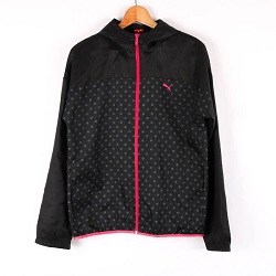 古着 画像 ナイロンジャケット 黒 ピンク ドット柄 PUMA Lサイズ レディース 美品