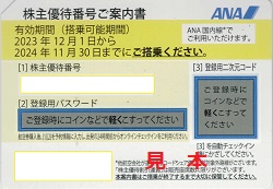 株主優待 画像 ANA 全日空 国内全線割引券 2024.11.30