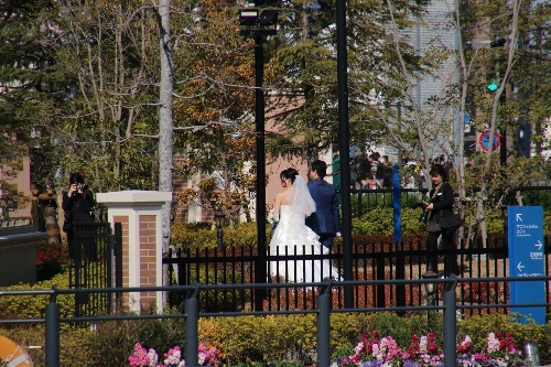 結婚式に向かう新郎新婦が運河に添って歩く
